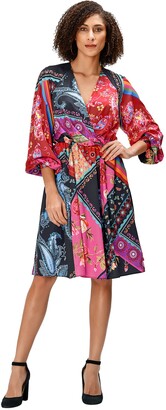 eShakti Women's Scarf Print Crepe Surplice Dress UK Size 12 / Tall Height Black/red/Pink