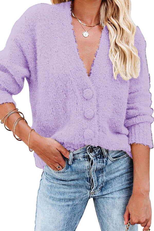 Bærbar væske Sovereign favastee Women V Neck Button Cardigans Sweater Long Sleeves Fuzzy Sweaters  Soft Loose Knit Jumper Outwear for Women Teen Girls Purple XX-Large -  ShopStyle