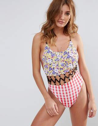 Jaded London Mix Print Gingham Lace Up Swimsuit