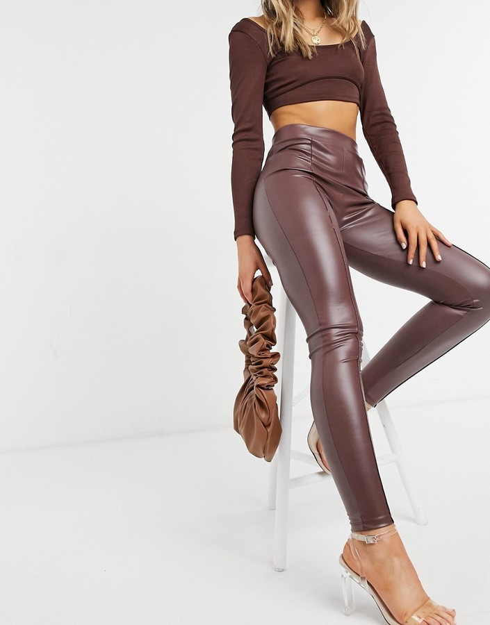ASOS DESIGN leather look legging with pintuck in brown - ShopStyle