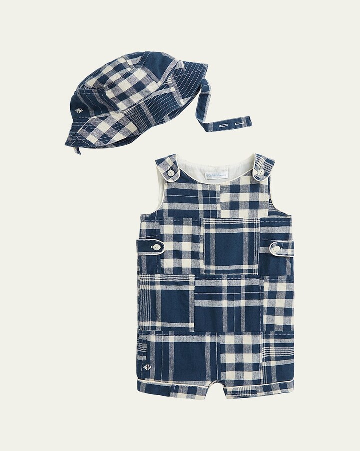 Ralph Lauren Kids Boy's Patchwork-Print Overalls & Hat Set, Size 3M-12M