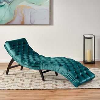 Noble House Wade Tufted Velvet Chaise Lounge, Teal, Dark Brown