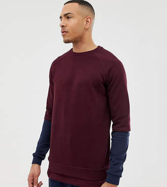 ASOS DESIGN Tall Sweatshirt With Hem Extender And Contrast Sleeves In Burgundy