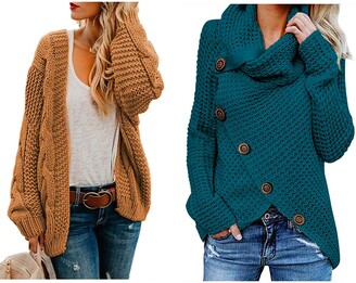 Actloe Womens Cable Knit Cardigan with Womens Cowl Neck Sweater