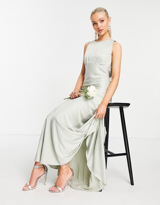 ASOS DESIGN Bridedmaid cowl back satin maxi dress with button side detail in olive