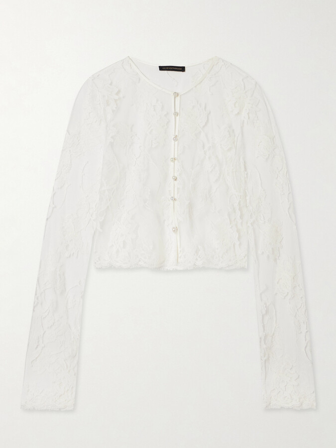 Kiki de Montparnasse - Dominique Cropped Faux Pearl-embellished Cotton-blend Lace Top - Ivory