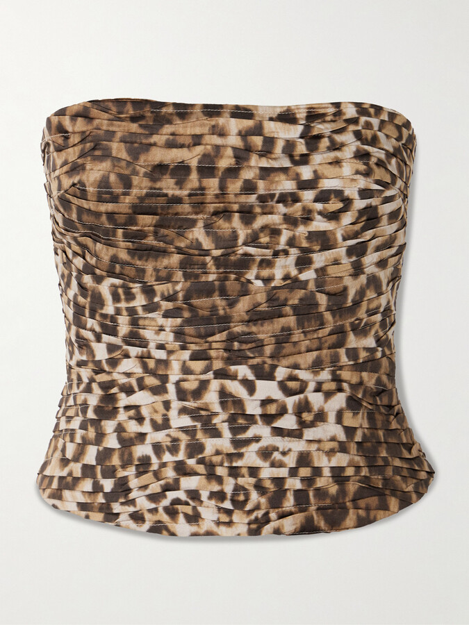 Aje Sunbeam Strapless Ruched Leopard-print Cotton-poplin Top - Animal print