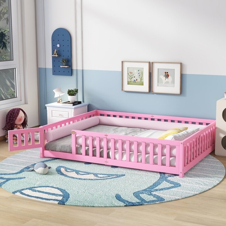 IGEMAN Queen Size Rubberwood Bed Floor Bed with Safety Guardrails and Door for Kids, Pink