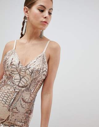 Club L London Fully Embellished Sequin Cami Strap Fishtail Maxi Dress