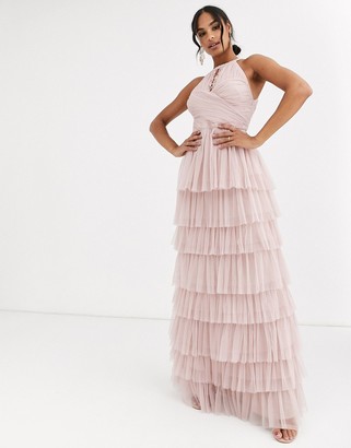 Anaya With Love halter neck tiered maxi dress with keyhole detail in frosted pink