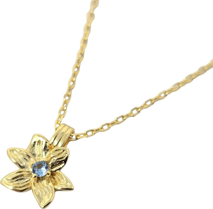 Harfi Gold / Blue Aquamarine March Birthstone Daffodil Birthflower Gold Plated Charm Necklace