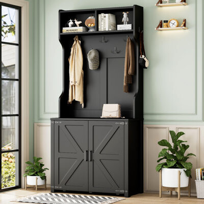 76.9"H Hall Tree With Movable Bench And Barn Doors