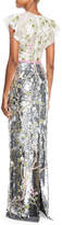 Thumbnail for your product : Monique Lhuillier Ruffled Cap-Sleeve Floral-Embroidered Tulle Bodice Sequin Column Gown
