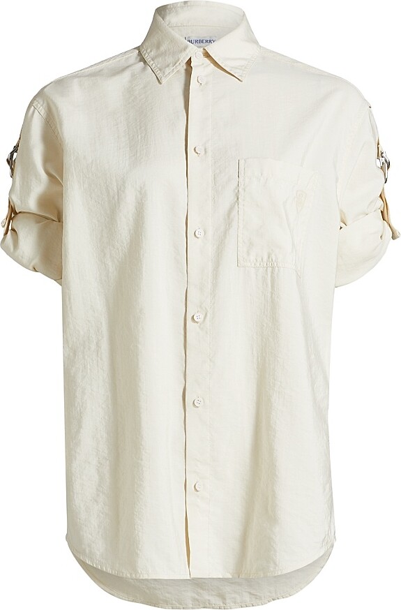 Burberry Women's Logo Silk-Blend Buckle-Sleeve Shirt - Off White - Size 2
