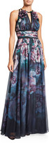 Thumbnail for your product : Marchesa Notte Watercolor Sleeveless Chiffon Gown with Satin Trim & Keyhole