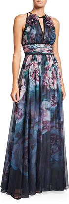 Marchesa Notte Watercolor Sleeveless Chiffon Gown with Satin Trim & Keyhole
