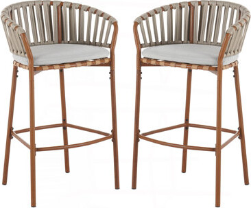 East Urban Home Lodi Outdoor Metal Rope Barstool Teak Finished Frame And Beige Cushion Set Of 2