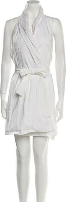 Sara Battaglia Wrap Dress White Sleeveless with Cowl Neck Sash-Tie Closure at Front