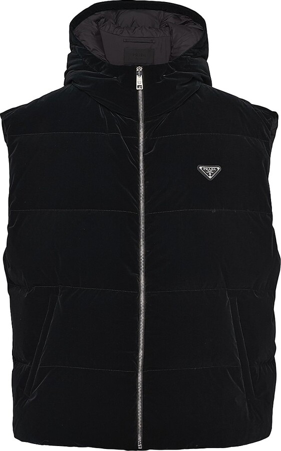 関税込 PRADA |Technical fabric down vest Prada Men's Hooded Technical Fabric Down Vest - Black - Size