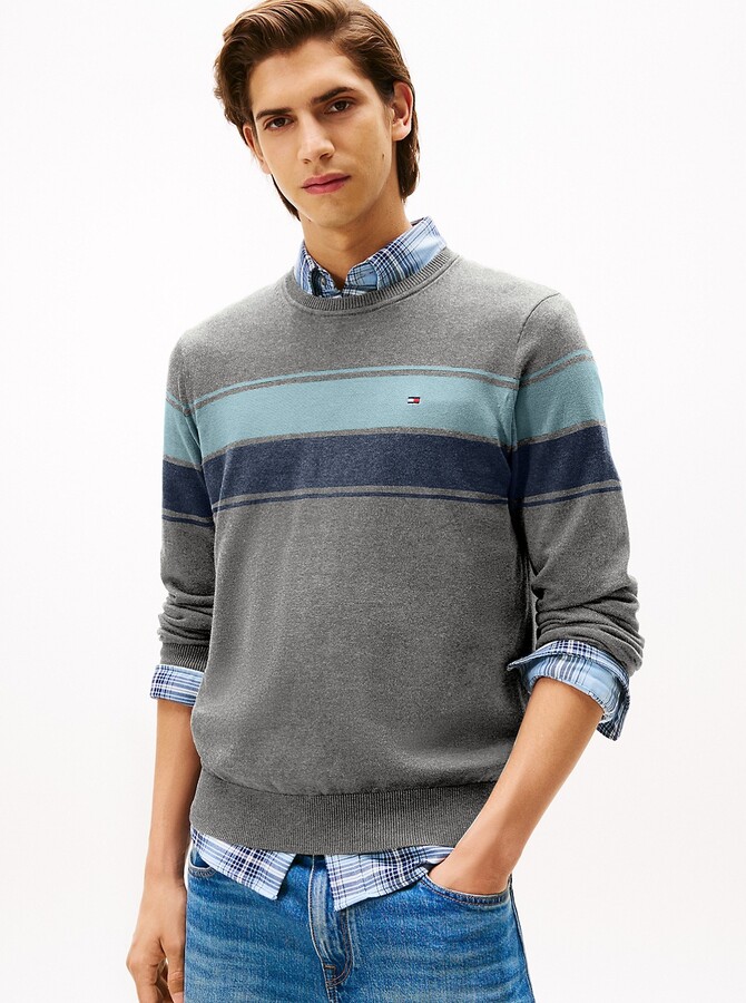 Tommy Hilfiger Men's Block-Stripe Crewneck Sweater - Grey - L