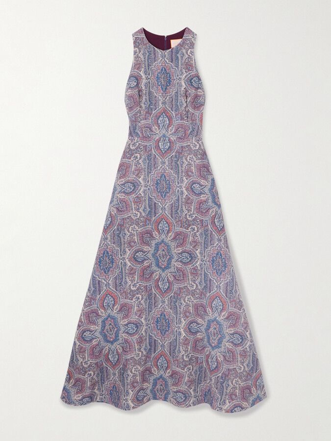 MARTA FERRI Colonna Printed Linen Midi Dress - Blue