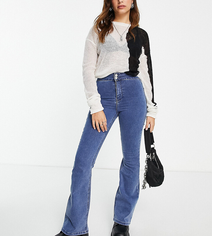 Topshop Petite Joni flare in mid blue - ShopStyle Jeans