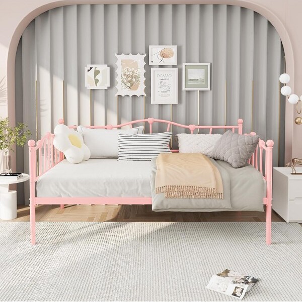 Garvee TwinSizeDaybedFrame,MetalPlatformSofaBedwithHeadboard,HeavyDutySteelSlats,12¡±Storage,NoBoxSpringNeeded,Pink