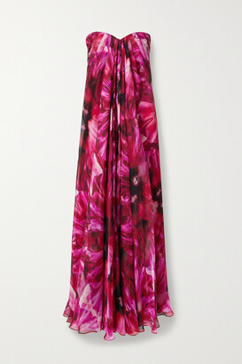 Alexander McQueen Strapless Pleated Floral-print Silk-crepe De Chine Gown