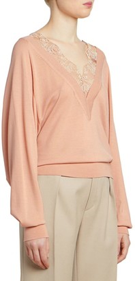 Chloé Wool-Blend Lace Detail V-Neck Knit Sweater