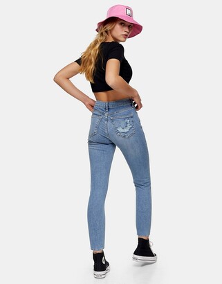 Topshop Petite Jamie jeans with ripped pocket detailing mid blue - ShopStyle