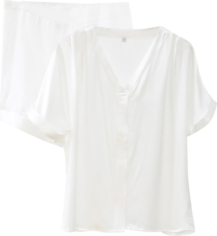 Soft Strokes Silk Pure Mulberry Silk Top And Shorts Set - Pearl White