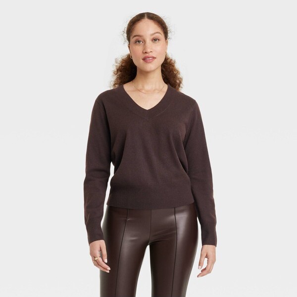 A New Day Women' Fine Gauge V-Neck Sweater Dark Brown XS - ShopStyle