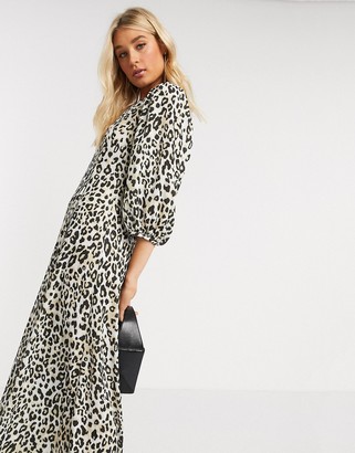 ASOS Tall DESIGN Tall exclusive trapeze maxi dress with puff sleeve in leopard print