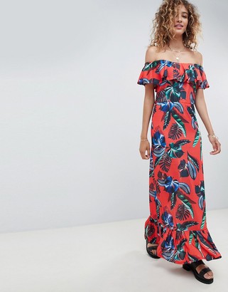 Asos Design DESIGN off shoulder maxi sundress with tiered skirt in tropical print