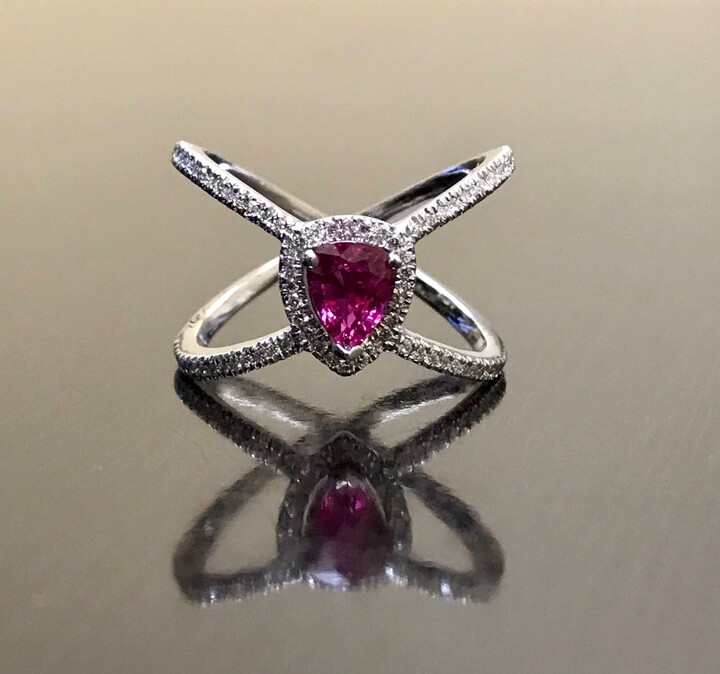 Etsy 14K White Gold Halo Diamond Ruby Engagement Ring - Art Deco Wedding Pear Shape
