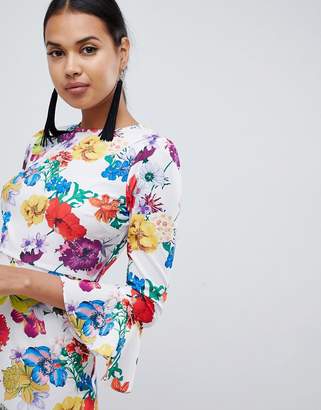 ASOS DESIGN fluted sleeve midi dress in summer floral print