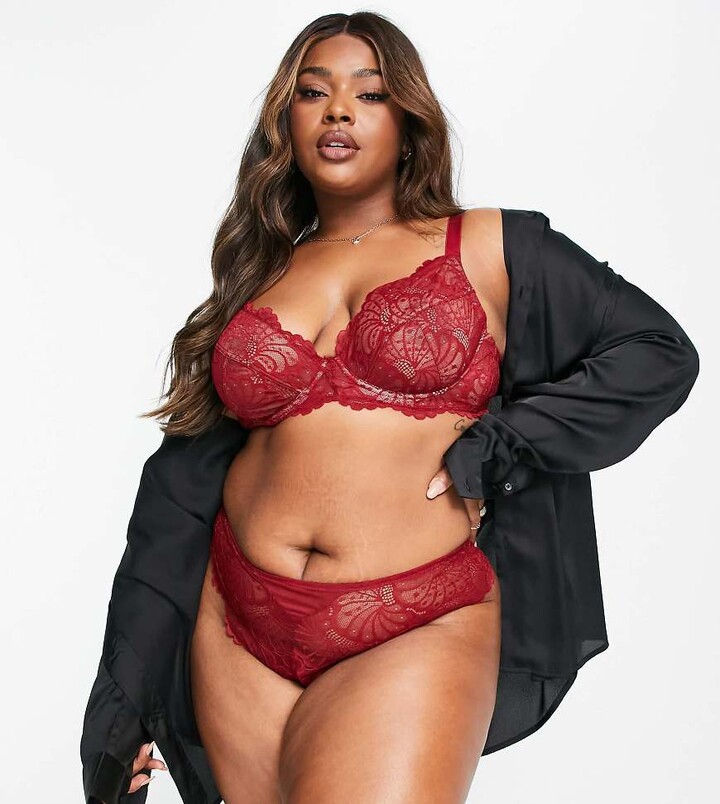 ASOS Curve ASOS DESIGN Curve Sienna lace underwire plunge bra in burgundy