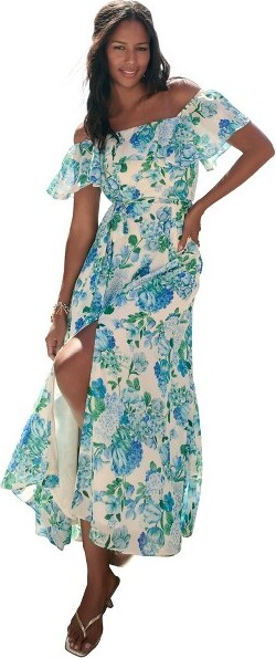 Roamans Roaman'sRuffledChiffonMaxiDress-22WWhiteBlue