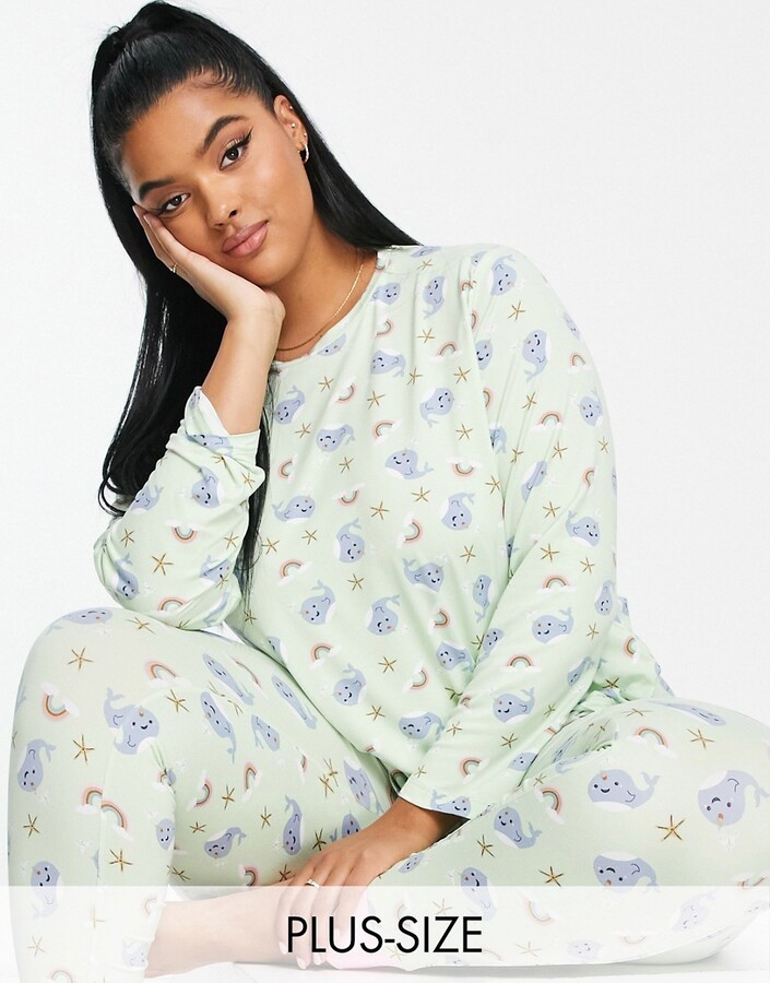 Chelsea Peers Plus long pajama set in light green narwhal print - ShopStyle