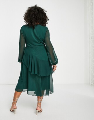 ASOS Curve ASOS DESIGN Curve wrap waist midi dress with double layer skirt  in forest green - ShopStyle