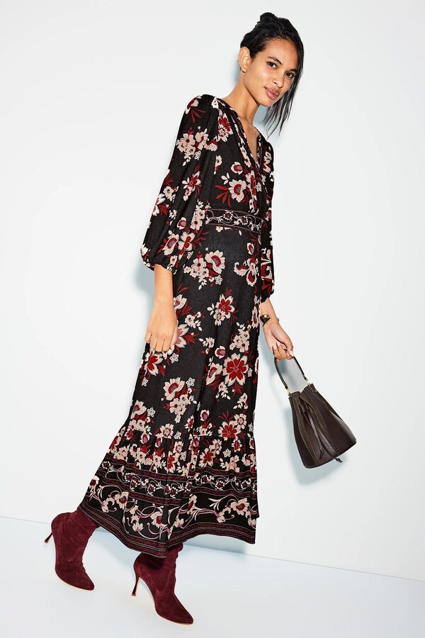 Donna Morgan V Neck Floral Midi Black-multicolored-print