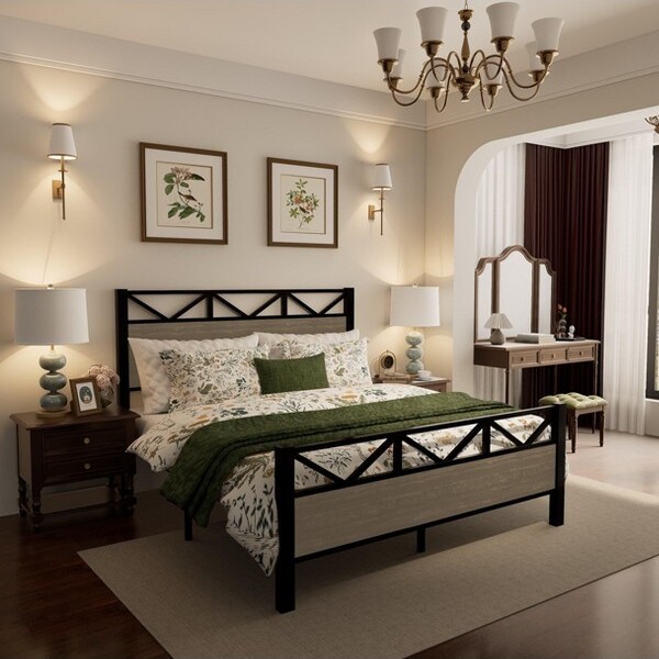 PAGEDFullSizeBedFrameMid-CenturyModernMetalBedwithMultipleSupportLegsHeadboardandFootboardEasyAssemblyNoiseFreeBlack+Brown