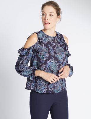 Marks and Spencer Ruffle Cold Shoulder Long Sleeve Blouse