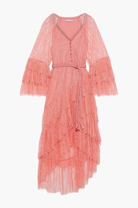 Alice + Olivia Onica Asymmetric Tiered Belted Corded Lace Dress