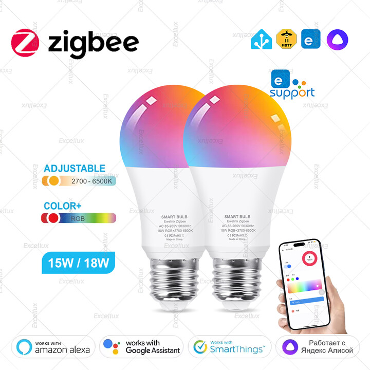 Excellux Ewelink Zigbee Smart Led Light Bulbs E27 LED Lamps RGB+WW+CW 18W 15W Bulb Works With Alexa Google Home Alice Required Zigbee Hub