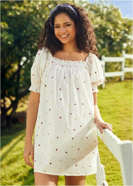 Summertime Garden Stories Smocked Mini Dress Ivory Ladybug M
