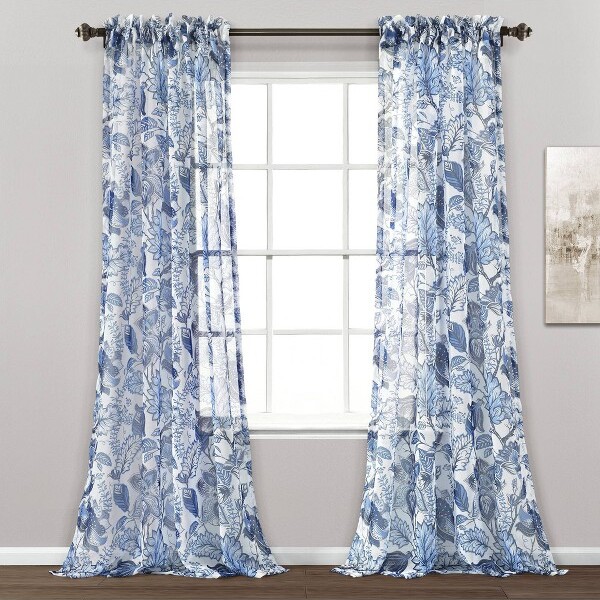 Lush Decor 2pk52"x84"SheerCynthiaJacobeanCurtainPanelsBlue-LushDécor:TraditionalFarmhouseFloralRodPocket