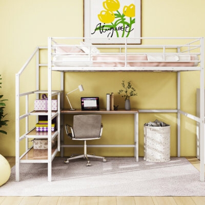 Ivy Bronx Full Size Metal Loft Bed With Desk And Lateral Storage Ladder