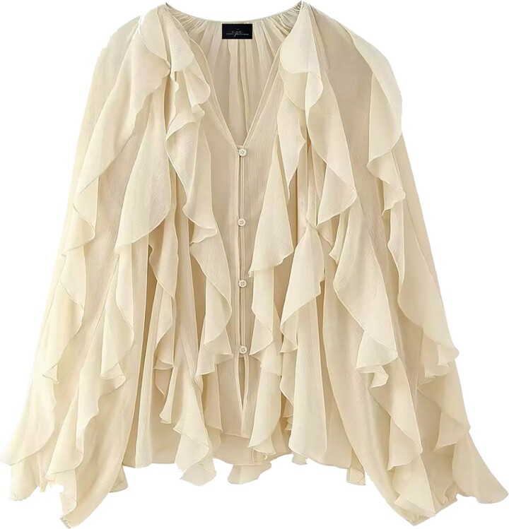 Chanel Joan Elkayam Neutrals Cream Ruffled Chiffon Blouse