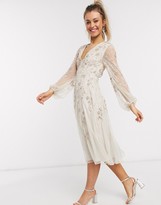 asos design midi dress with pinny bodice in 3d floral embellishment